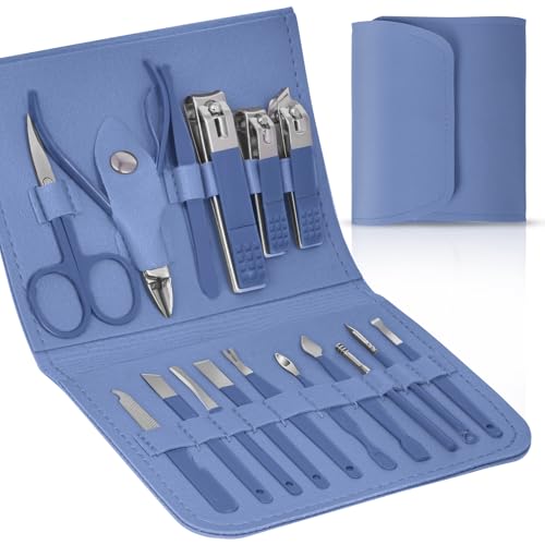 LOPHE Maniküre Set, 16 Teiliges Nagelknipser Pediküre Set mit Ledertasche, Professionelle Nagelpflege Nagelset für Dicke, Eingewachsene Nägel, Damen und Männer, Blau von LOPHE