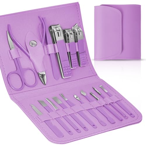 LOPHE Maniküre Set, 16 Teiliges Nagelknipser Pediküre Set mit Ledertasche, Professionelle Nagelpflege Nagelset für Dicke, Eingewachsene Nägel, Damen und Männer, Lila von LOPHE