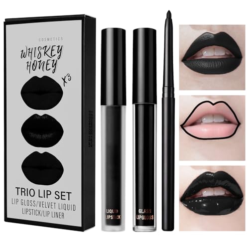 LOPHE Schwarz Matte Lippenstift, 3 in 1 Lippenstift Matt mit Lip Gloss LipLiner, Liquid Lipstick Wasserfest Make Up Set, Matt Finish, Langanhaltender von LOPHE