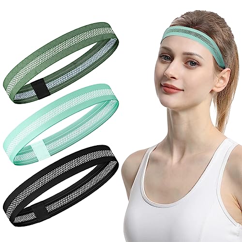 LOPHE Sport Haarband, 3 Stück Elastische Stirnband Damen und Herren, Dünn Schweißband Stirn Double Sided Feuchtigkeit rutschfest Headband, Haarbänder für Yoga Laufen Fußball (Schwarz + Grün + Blau) von LOPHE