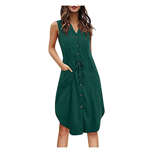 Damen Midikleid Mit Taschen Sommerkleider Einfarbiges Einfach Strandkleider V-Ausschnitt Ärmellos Lose Bequem Freizeit Knielang Frauenkleid Mit Knöpfen Elegant Partykleid Hohe Taillen Wickelkleid von LOPILY