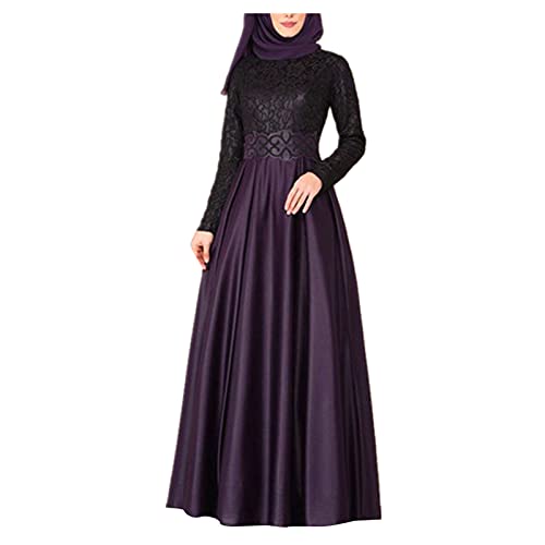 Damen Muslimisches Spitzenkleid Patchwork Kleider Sommerkleider Rundhals Lange Ärmel Hohe Taillen Abendkleid Freizeit Lose Wickelkleid Stilvolles Partykleid Bequem Einfach Festkleid Frauenkleid von LOPILY