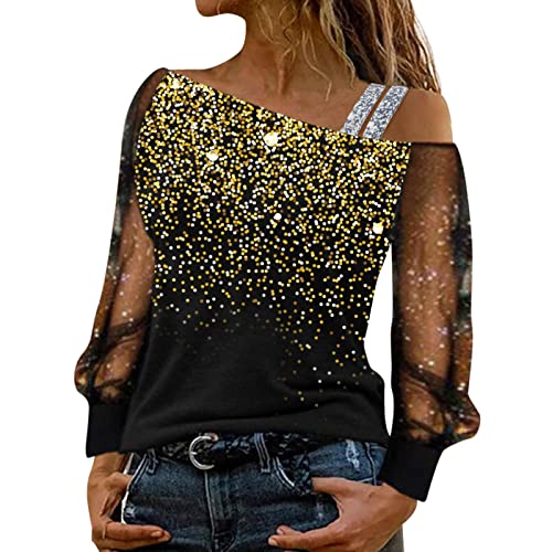 Damenmode Top Bluse Pailletten Print Mesh Langarm Kalte Schulter Shirt Lose Splice Sexy Bluse Top Langes Abendkleid Damen Mit Ärmel von LOPILY