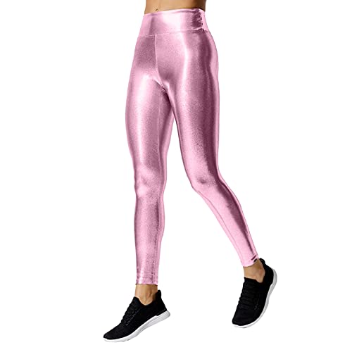 Hose Damen Metallisch Kunstlederhosen Lackleder Optik Leggings mit Hohen Bund Elastische Leggins Flüssigkeit Metallic Stretchhosen Glänzend Latex Lederrimitat Strumpfhose Wet-Look (X3-Pink, XL) von LOPILY