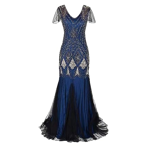 LOPILY Abendkleid Damen 20er Jahre Charleston Partykleid Perlendruck Paillettenkleider Glitzer Festlich Damenkleid Karneval Fasching Kostüm Vintage Cocktail Kleider Flapper (Z1-Blue, XXXL) von LOPILY