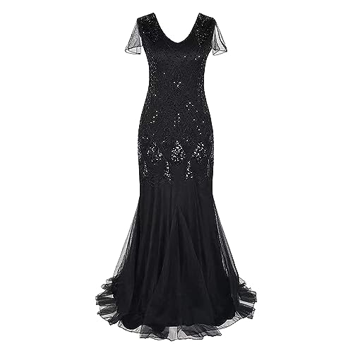 LOPILY Abendkleid Damen 20er Jahre Charleston Partykleid Perlendruck Paillettenkleider Glitzer Festlich Damenkleid Karneval Fasching Kostüm Vintage Cocktail Kleider Flapper Fransenkleid (Z1-Black, M) von LOPILY