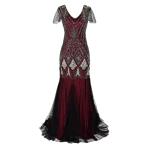 LOPILY Abendkleid Damen 20er Jahre Charleston Partykleid Perlendruck Paillettenkleider Glitzer Festlich Damenkleid Karneval Fasching Kostüm Vintage Cocktail Kleider Flapper Fransenkleid (Z1-Red, XXXL) von LOPILY