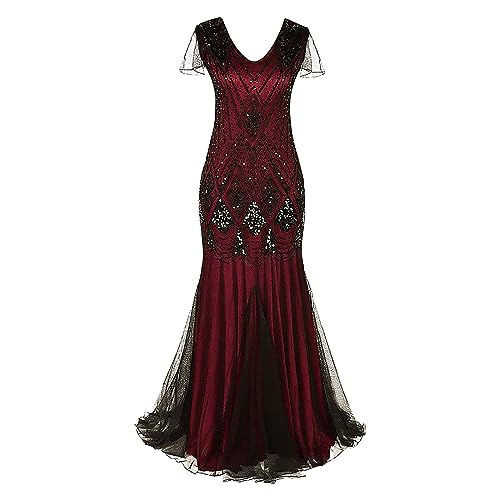 LOPILY Abendkleid Damen 20er Jahre Charleston Partykleid Perlendruck Paillettenkleider Glitzer Festlich Damenkleid Karneval Fasching Kostüm Vintage Cocktail Kleider Flapper Fransenkleid (Z1-Wine, L) von LOPILY