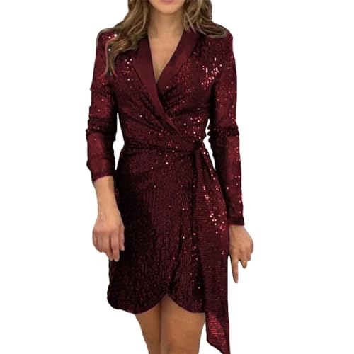 LOPILY Abendkleid Damen Glitzer Pailletten Wickelkleid Tief V Ausschnitt Schöne Dekolleté Elegant Cocktailkleider Edel Minikleid Party Outfits Frauen Festliche Kleider für Standamt (Y2-Red, L) von LOPILY