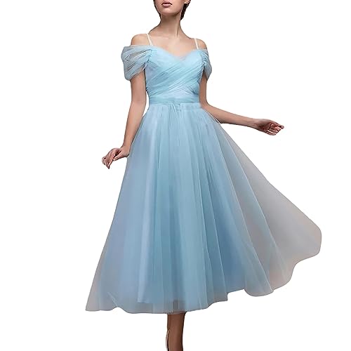 LOPILY Damen Abendkleid Gr.48 Glitzer Rückenfrei Partykleid Swing Plisseekleid Elegantes Cocktailkleid Tütü Faltenrock Silvesterkleid Edle Rockabilly Langarmkleider Frauen Große Größen (X1-Blue, S) von LOPILY