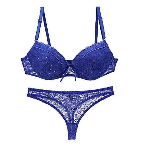 LOPILY Damen Dessous Reizwäsche Set Geblümt Spitze String Reizwäsche Spitzen BH Push Up und Bügel Blumen Spitzen BH-Hemden Bustiers mit String(Dunkelblau,75B) von LOPILY