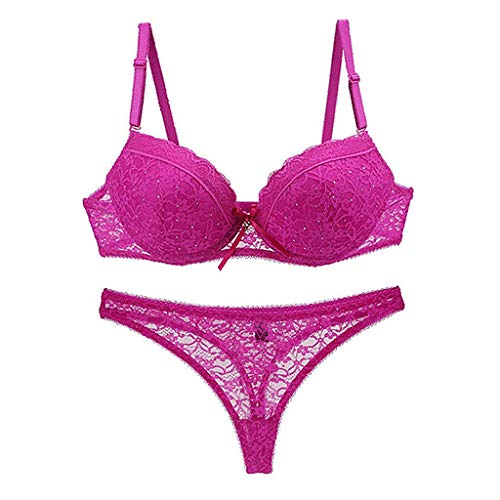 LOPILY Damen Dessous Reizwäsche Set Geblümt Spitze String Reizwäsche Spitzen BH Push Up und Bügel Blumen Spitzen BH-Hemden Bustiers mit String(Hot Pink,75C) von LOPILY