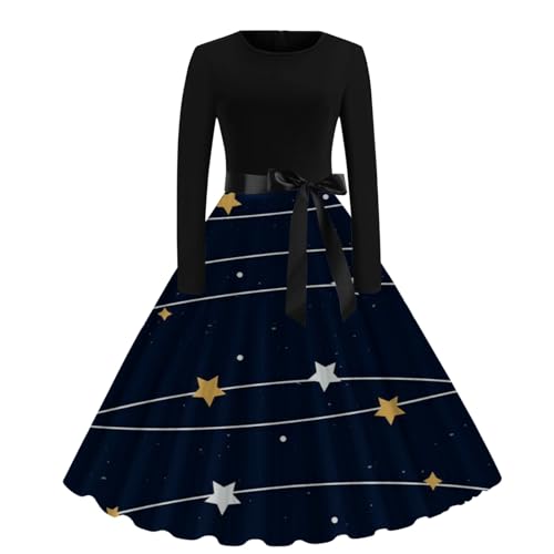 LOPILY Damen Herbst/Winter Weihnachten bedrucktes Langarm-Kragen-Freizeitkleid Damen Kleid Elegant Festlich (XH-Navy, M) von LOPILY