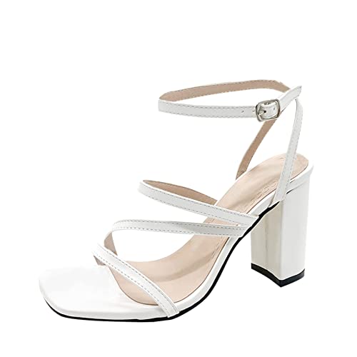 LOPILY Damen Mode Freizeit Offener Zeh Dicker Absatz Einfarbig Ein Wort GüRtel Hoher Absatz Sandalen Frühling Sommer Frauen Bequeme Elegante Hausschuhe Sandaletten (White, 39) von LOPILY