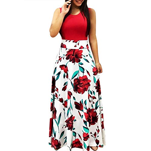 LOPILY Damen Sommerkleider Böhmischen Strand Blumendruck Bodenlänge Maxikleid Abendkleider Herrlich Blüte Drucken Hoher Taille Kleider Partykleid Sommer T-Shirt Kleid(Rot,DE-42/CN-XL) von LOPILY