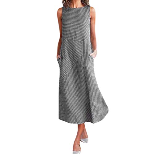 LOPILY Damen Sommerkleider Gestreiftes Drucken Frauenkleid Maxikleid mit Taschen Einfach Bequem Freizeit Streifen Kleider Partykleid Abendkleider(Schwarz,DE-42/CN-XL) von LOPILY