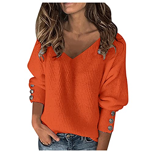 LOPILY Damen Strickpullover Grobstrickpullover Pullover Langarm V-Ausschnitt Sweater Oberteile Mode Lose Strickpull Oversize Einfarbig Warm Pulli Herbst Winter Tops Strickpulli (Orange, L) von LOPILY