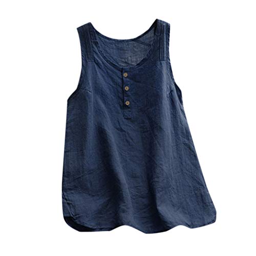 LOPILY Damen Tunika Ärmellos Leinen Tops Große Größen Locker Leinenbluse mit Knöpfen Bluse Elegant Bluse Damen Elegant Weiß Bluse Blumenmuster Damen Sommer Bequeme Schluppenbluse (Marineblau, 3XL) von LOPILY