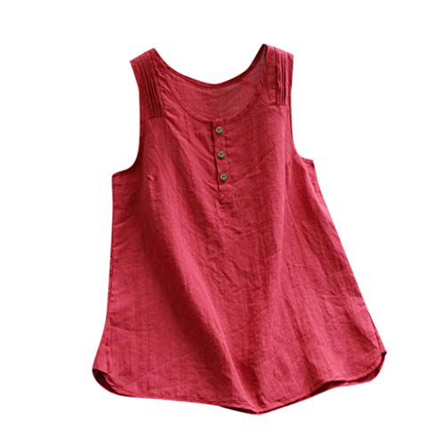 LOPILY Damen Tunika Ärmellos Leinen Tops Große Größen Locker Leinenbluse mit Knöpfen Bluse Elegant Bluse Damen Elegant Weiß Bluse Blumenmuster Damen Sommer Bequeme Schluppenbluse (Rot, M) von LOPILY