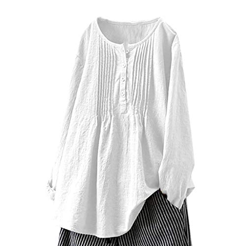 LOPILY Damen Tunika Sommer Herbst Große Größen Leinen Bluse Knopfen Casual Damen Oberteil Langarm Shirt 3/4 Arm Damen Einfarbiges Leinen Tops Übergrößen (Weiß, DE-40/CN-M) von LOPILY