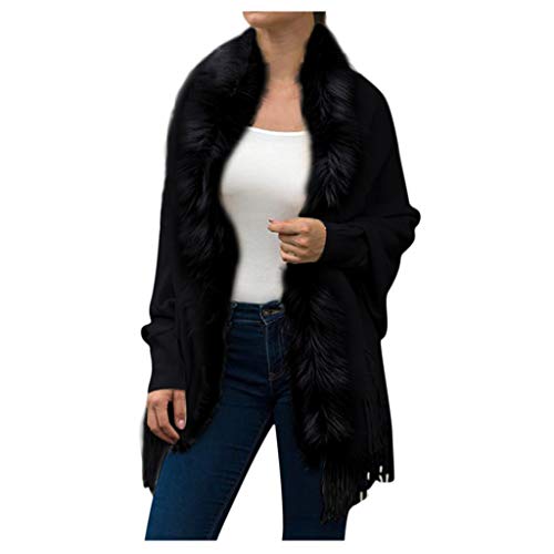 LOPILY Damen Umhang Strick Poncho Damen Kunst Fell Quaste Häkel Strickjacke Elegante Boleros Damen Einfarbige Strickschal Herbst Winter Feinstrick Umhang Damen Umhängetuch Tunika Ärmellos (Schwarz) von LOPILY