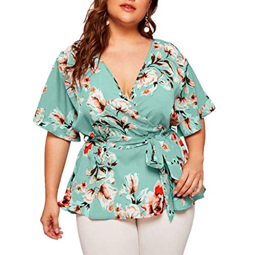 LOPILY Gedruckte Wickelbluse Damen Große Größen Elegante Sexy Oberteile mit Blumen Muster Lässige Tunika Kurzarm mit Gurtel Shirts 50 48 46 Boho Hippie Kimono Tunika Freizeit (Grün, 52) von LOPILY