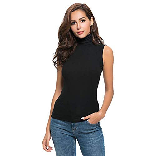 LOPILY Hemd T Shirt Bluse Damen Einfarbig Rollkragen Elegant Ärmelloses Bluse Shirt Tank Tops Frauen Sommer Lässige Solide Bustier Oberteil Tunika Tanktop Hemd Pullover(Schwarz,DE-34/CN-S) von LOPILY