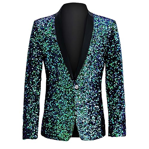 LOPILY Herren Sakko Glitzer Pailletten Anzugjacke Slim Fit Anzug Silvester Party Kleidung Herren Faschingskostüme Elegant Mantel Valentinstag Blazer Geschenk Herren Outerwear (X1-Green, L) von LOPILY