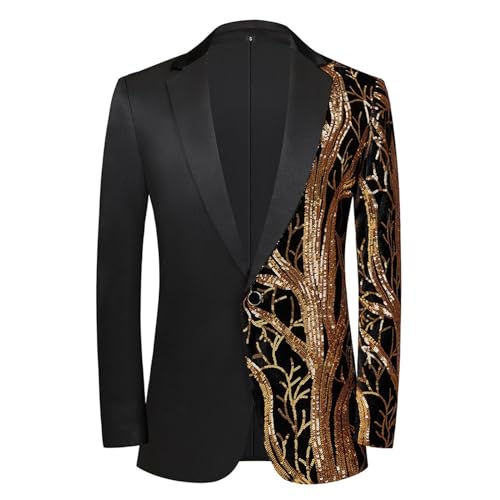 LOPILY Herren Sakko Glitzer Pailletten Anzugjacke Slim Fit Anzug Silvester Party Kleidung Herren Faschingskostüme Elegant Mantel Valentinstag Blazer Geschenk Herren Outerwear (Y1-Gold, XL) von LOPILY