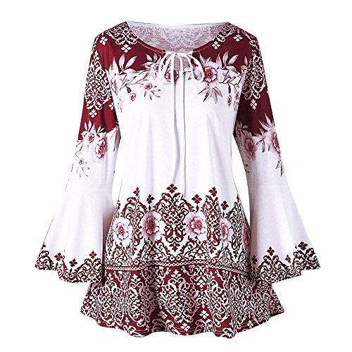 LOPILY Hippie Tunika Locker Damen Gr.50 48 Oversized Strandbluse Trompetenärmel für Schwangere Langarmshirts Winter Frühlings Übergröße Leinenbluse mit Blumenmuster Wasserfall Oberteile (Weinrot, 48) von LOPILY