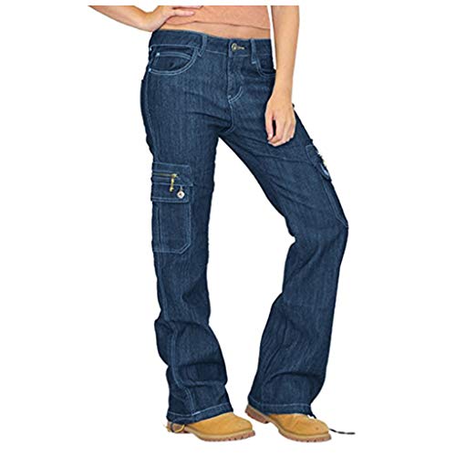 LOPILY Hose Damen Jeans Cargohosen Weites Bein Locker Bundhosen High Waist Chinohosen Freizeithosen Denim Jerseyhosen Damen Schlupfhosen Lose Casual (Dunkelblau, M) von LOPILY