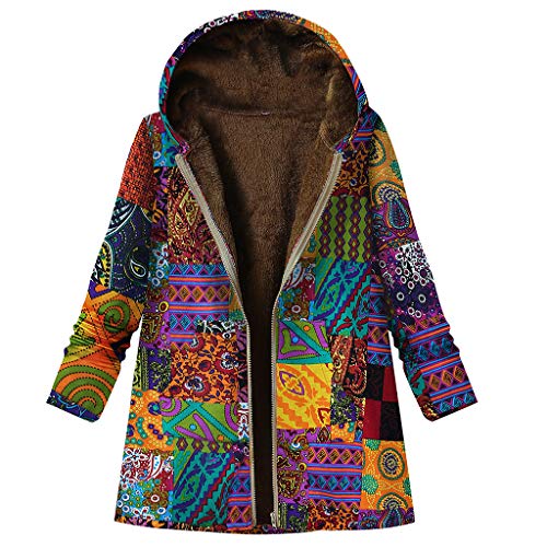 LOPILY Jacke Damen Boho Bunt Mantel mit Innenfleece Winterjacke Damen Warm Lang Bunt Hippie Blumendruck Übergangsjacke mit Reißverschluss Fleece Kapuzenjacke Große Größen Vintage Parka (Orange, XL) von LOPILY