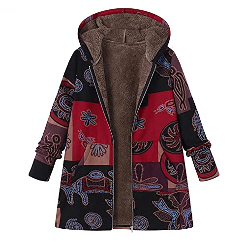 LOPILY Jacke Damen Boho Bunt Mantel mit Innenfleece Winterjacke Damen Warm Lang Bunt Hippie Blumendruck Übergangsjacke mit Reißverschluss Fleece Kapuzenjacke Große Größen Vintage Parka von LOPILY