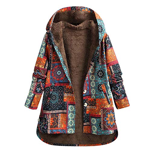 LOPILY Jacke Damen Boho Bunt Mantel mit Innenfleece Winterjacke Damen Warm Lang Bunt Hippie Blumendruck Übergangsjacke mit Reißverschluss Fleece Kapuzenjacke Große Größen Vintage Parka von LOPILY