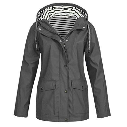 LOPILY Jacke Damen Gestreifte Wasserdichter Regenmantel Fieldjacke Damen Winddichte Winterjacke Parka Damen Herbst Kapuze Outdoorjacke Wetterfest Windbreaker Übergangsjacke Winter (Grau, 36) von LOPILY