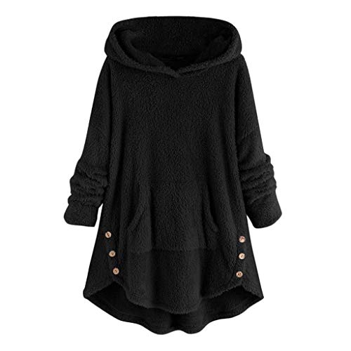 LOPILY Kapuzenpullover Kuschelige Fleecejacke mit Wasserfall Saum Lockere Tunika Herbst für Mollige Lose Teddyfleecepullover Winter Hoodie Warm Große Größen Damen Freizeit Sweatshirts(Schwarz, 44) von LOPILY