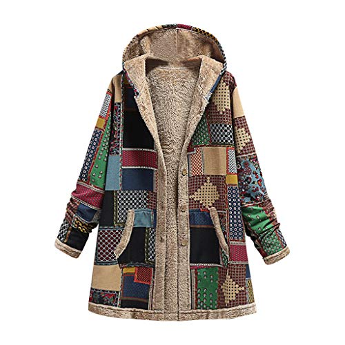 LOPILY Karierter Mantel Kariert Damen Große Größen Gefütterte Winterjacke Strickjacke mit Hippie Druck Locker Oversize Kapuzenjacke Innenfleece Wintermantel für Mollige Vintage Stoffmantel Damen (46) von LOPILY