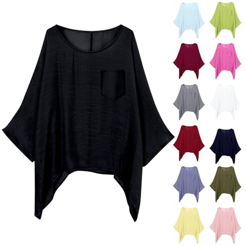 LOPILY Leinen Oberteile Tunika Damen Große Größe Longbluse Bluse Leinenbluse Langarm Leinenhemd Button-Down Oversize Musselin Bluse Elegant Longbluse Lässig für Leggings (B1-Black, XXXL) von LOPILY