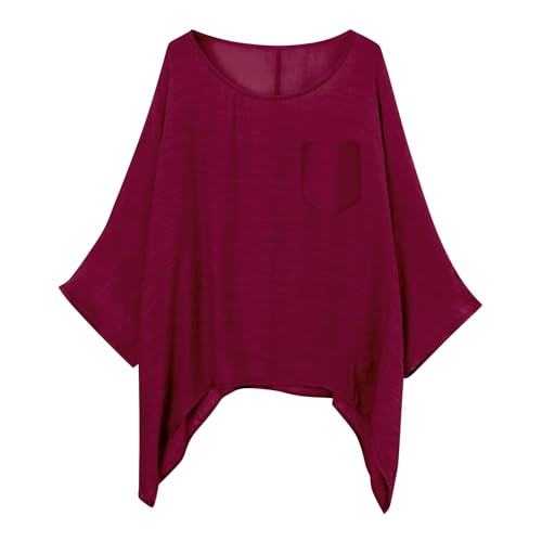 LOPILY Leinen Oberteile Tunika Damen Große Größe Longbluse Bluse Leinenbluse Langarm Leinenhemd Button-Down Oversize Musselin Bluse Elegant Longbluse Lässig für Leggings (B1-Wine, XXL) von LOPILY