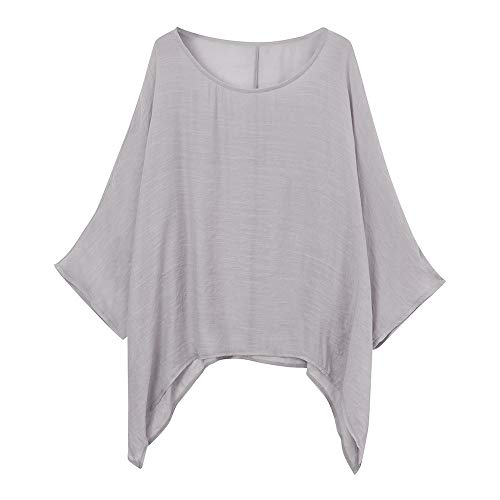 LOPILY Oversize Leinen Oberteile Damen Große Größen Asymmetrische Bluse Federmausärmel Tunika Urlaub Unregelmäßige Saum Shirts Langarmshirts Herbst Lose Lässige Bluse Gr.56 54 52 (Grau, 42) von LOPILY