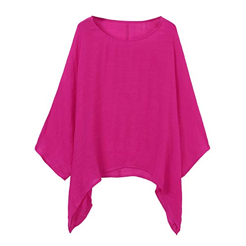 LOPILY Oversize Leinen Oberteile Damen Große Größen Asymmetrische Bluse Federmausärmel Tunika Urlaub Unregelmäßige Saum Shirts Langarmshirts Herbst Lose Lässige Bluse Gr.56 54 52 (Hot pink, 56) von LOPILY