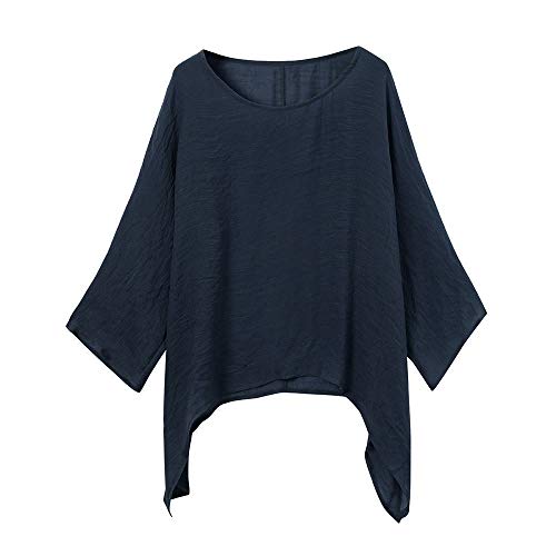 LOPILY Oversize Leinen Oberteile Damen Große Größen Asymmetrische Bluse Federmausärmel Tunika Urlaub Unregelmäßige Saum Shirts Langarmshirts Herbst Lose Lässige Bluse Gr.56 54 52 (Marineblau, 54) von LOPILY