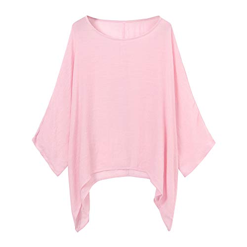 LOPILY Oversize Leinen Oberteile Damen Große Größen Asymmetrische Bluse Federmausärmel Tunika Urlaub Unregelmäßige Saum Shirts Langarmshirts Herbst Lose Lässige Bluse Gr.56 54 52 (Rosa, 42) von LOPILY