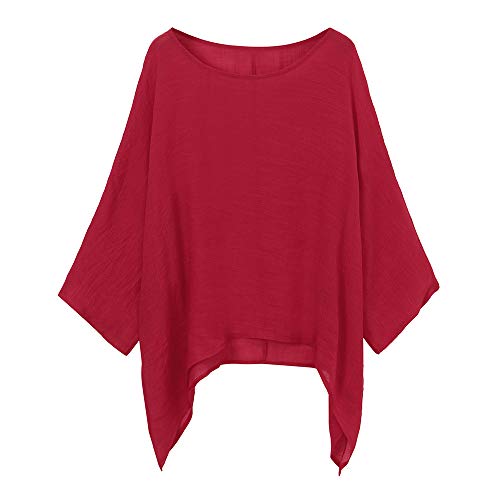 LOPILY Oversize Leinen Oberteile Damen Große Größen Asymmetrische Bluse Federmausärmel Tunika Urlaub Unregelmäßige Saum Shirts Langarmshirts Herbst Lose Lässige Bluse Gr.56 54 52 (Rot, 50) von LOPILY