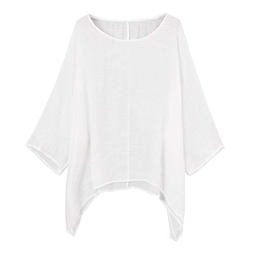 LOPILY Oversize Leinen Oberteile Damen Große Größen Asymmetrische Bluse Federmausärmel Tunika Urlaub Unregelmäßige Saum Shirts Langarmshirts Herbst Lose Lässige Bluse Gr.56 54 52 (Weiß, 48) von LOPILY