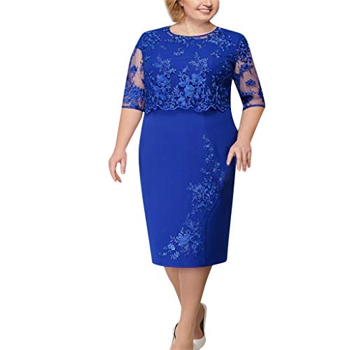 LOPILY Spitzenkleid Damen Große Größen Elegant Abendkleid für Mollige mit Blumendruck Zweilagig Cocktailkleider Kleid für Brautmutter Übergröße Edel Midikleid Plus Size Frauenkleid (Blau, 4XL) von LOPILY