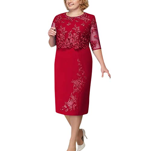 LOPILY Spitzenkleid Damen Große Größen Elegant Abendkleid für Mollige mit Blumendruck Zweilagig Cocktailkleider Kleid für Brautmutter Übergröße Edel Midikleid Plus Size Frauenkleid (Rot, XL) von LOPILY