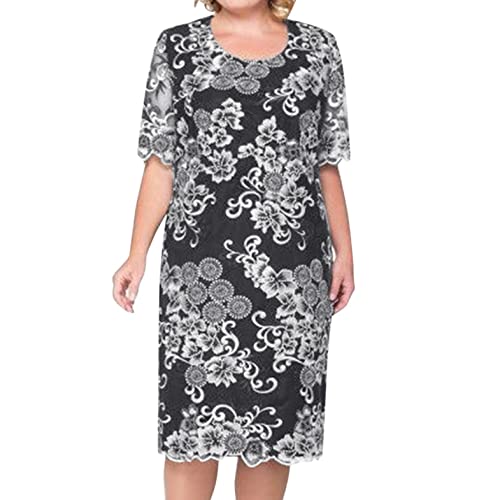 LOPILY Spitzenkleid Damen Große Größen Elegant Abendkleid für Mollige mit Blumendruck Zweilagig Cocktailkleider Kleid für Brautmutter Übergröße Edel Midikleid Plus Size Frauenkleid von LOPILY