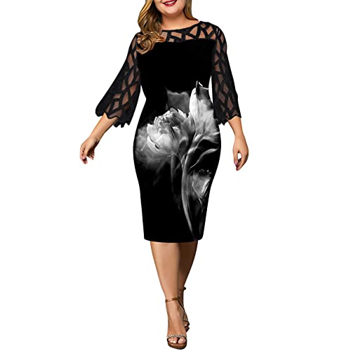 LOPILY Spitzenkleid Damen Große Größen Elegant Abendkleid für Mollige mit Blumendruck Zweilagig Cocktailkleider Kleid für Brautmutter Übergröße Edel Midikleid Plus Size Frauenkleid von LOPILY