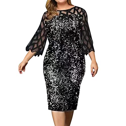 LOPILY Spitzenkleid Damen Große Größen Elegant Abendkleid für Mollige mit Blumendruck Zweilagig Cocktailkleider Kleid für Brautmutter Übergröße Edel Midikleid Plus Size Frauenkleid von LOPILY